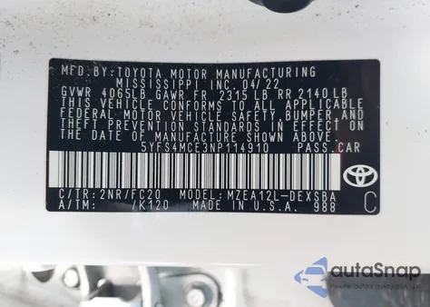2022 Toyota Corolla Se from USA, damaged, VIN 5YFS4MCE3NP114910